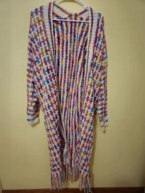 Multicolor Knit Fringe Open Multicolor Cardigan